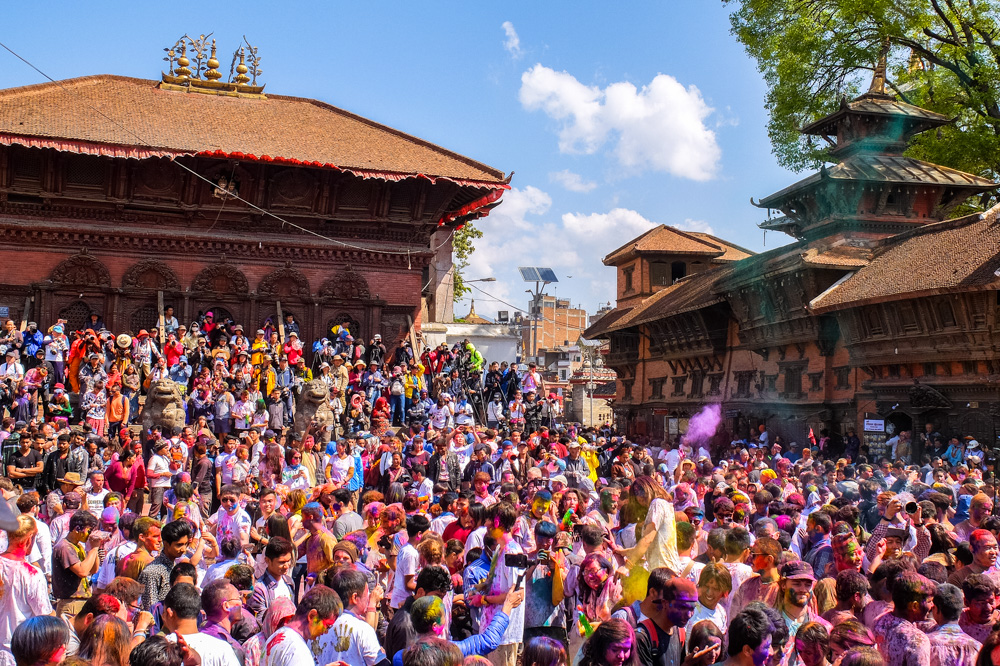 A crowd of people in Durbar Square, Kathmandu - Holi 2017